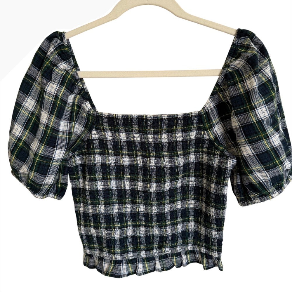 American Eagle Plaid Smocked Square Neck Puff Sleeve Crop Top Women's S